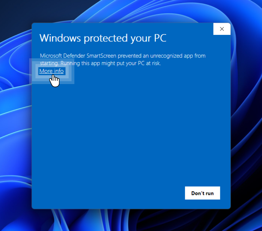 Windows SmartScreen dialog reading Windows protected your PC, with the More info link highlighted