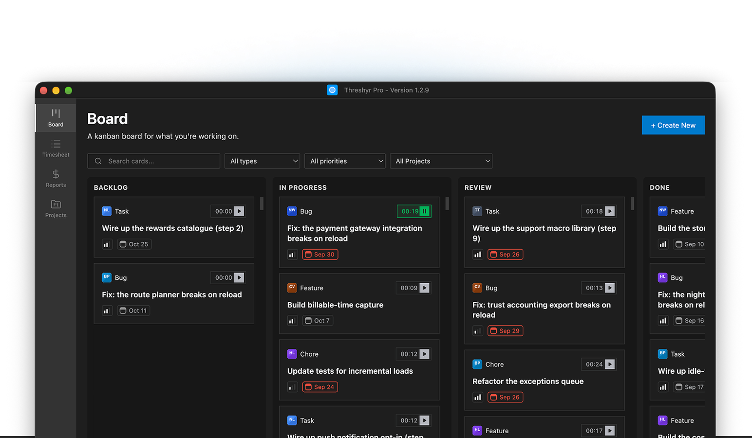 Threshyr Pro Kanban board with integrated task timers