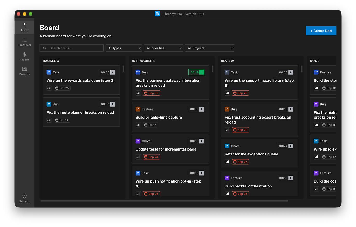 Threshyr Pro Kanban board with a timer on every card